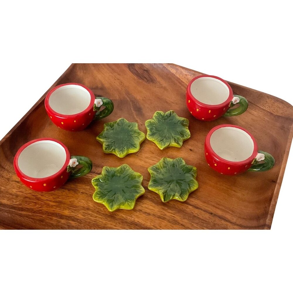 Strawberry Tea Set Ceramic Hand Painted Pot Cups Saucers Kitsch Cottagecore - Picture 5 of 14